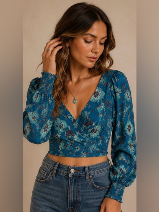 Band Of The Free Tops - New‼️ Band of the Free Sybille Floral Wrap Crop Top | NWT | Teal | Size Small